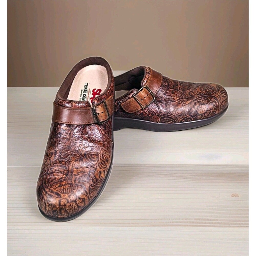 SAS Tripad Comfort Women’s Brown Floral Tooled Leather Clog 10.5 N Buckle Mules
